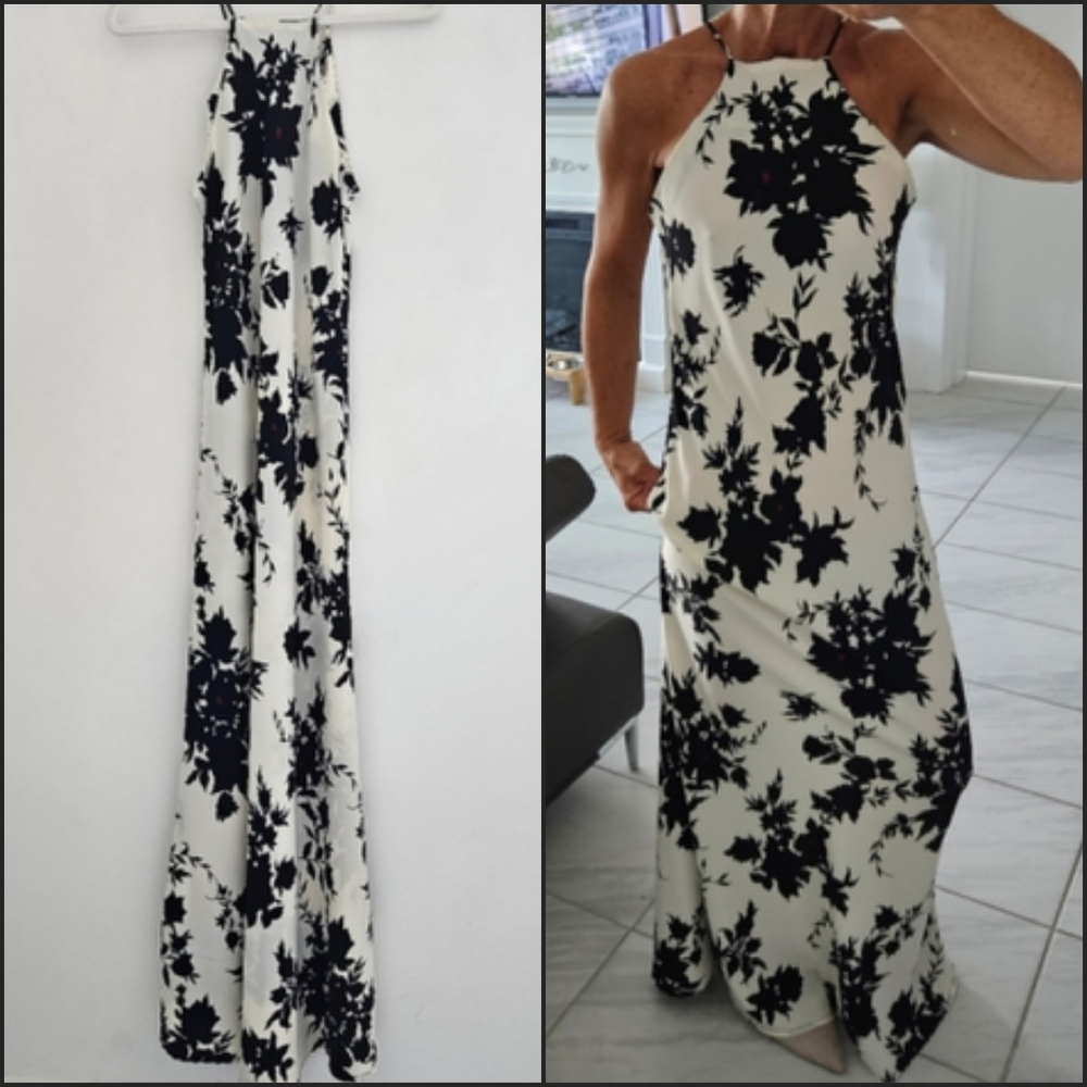 O•P•E•R•A• Vintage White And Black Floral Print Polyester Tank Bias Maxi Dress